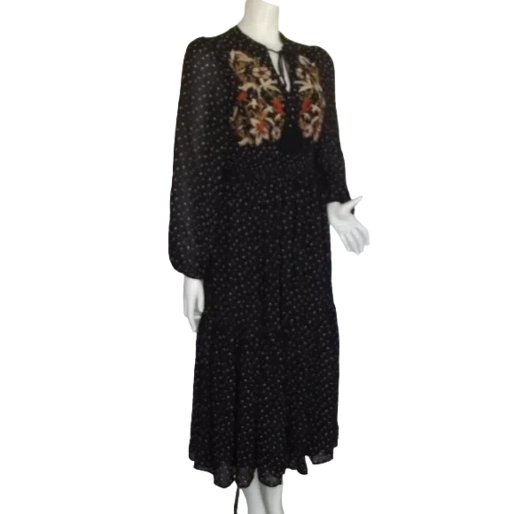 RUSTTYDUSTTY Midi Dress, S, Black, Floral Embroidery, Ruffles, Long sleeve - Picture 3 of 13